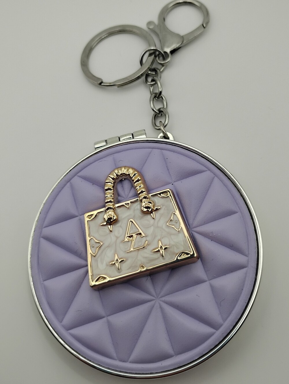 Lilac Compact Mirror Keychain with Gold Bag Charm - Picture 5 of 7